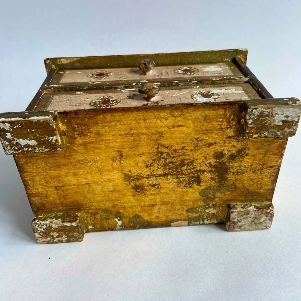 Vintage Florentine Italy 2 Drawer Cabinet Trinket Jewelry Box Handpainted Wooden - Picture 9 of 9
